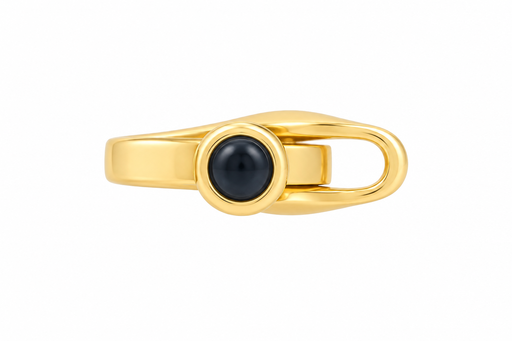 18k yellow gold lobster clasp with a sapphire accent, crafted by Myron Toback Inc., shown in close-up.