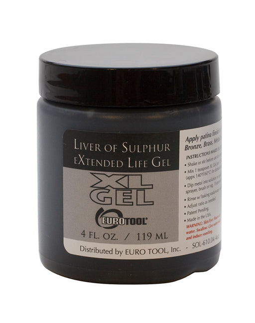 Liver of sulfur gel in a 1oz container by Myron Toback Inc., shown in a 4oz bottle with label and gel inside.