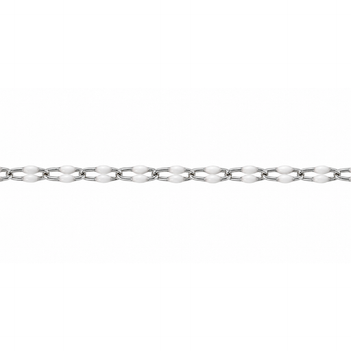 Sterling silver elongated cable chain with white resin accents, crafted by Myron Toback Inc., shown with close-up details.
