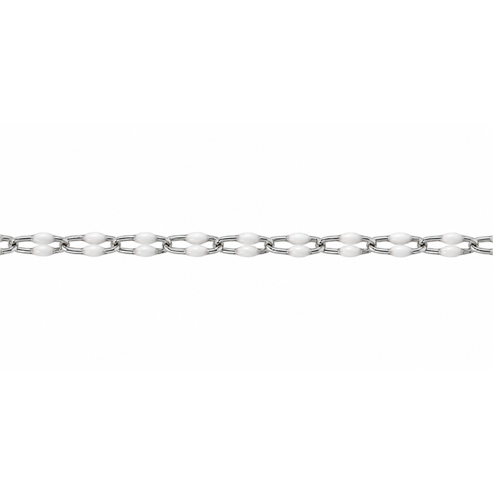 Sterling silver elongated cable chain with white resin accents, crafted by Myron Toback Inc., shown with close-up details.